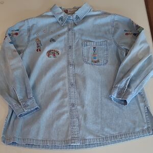 LIKE NEW Vtg Passion 100% Cotton Denim Kokopelli Southwestern Buttonfront Blouse